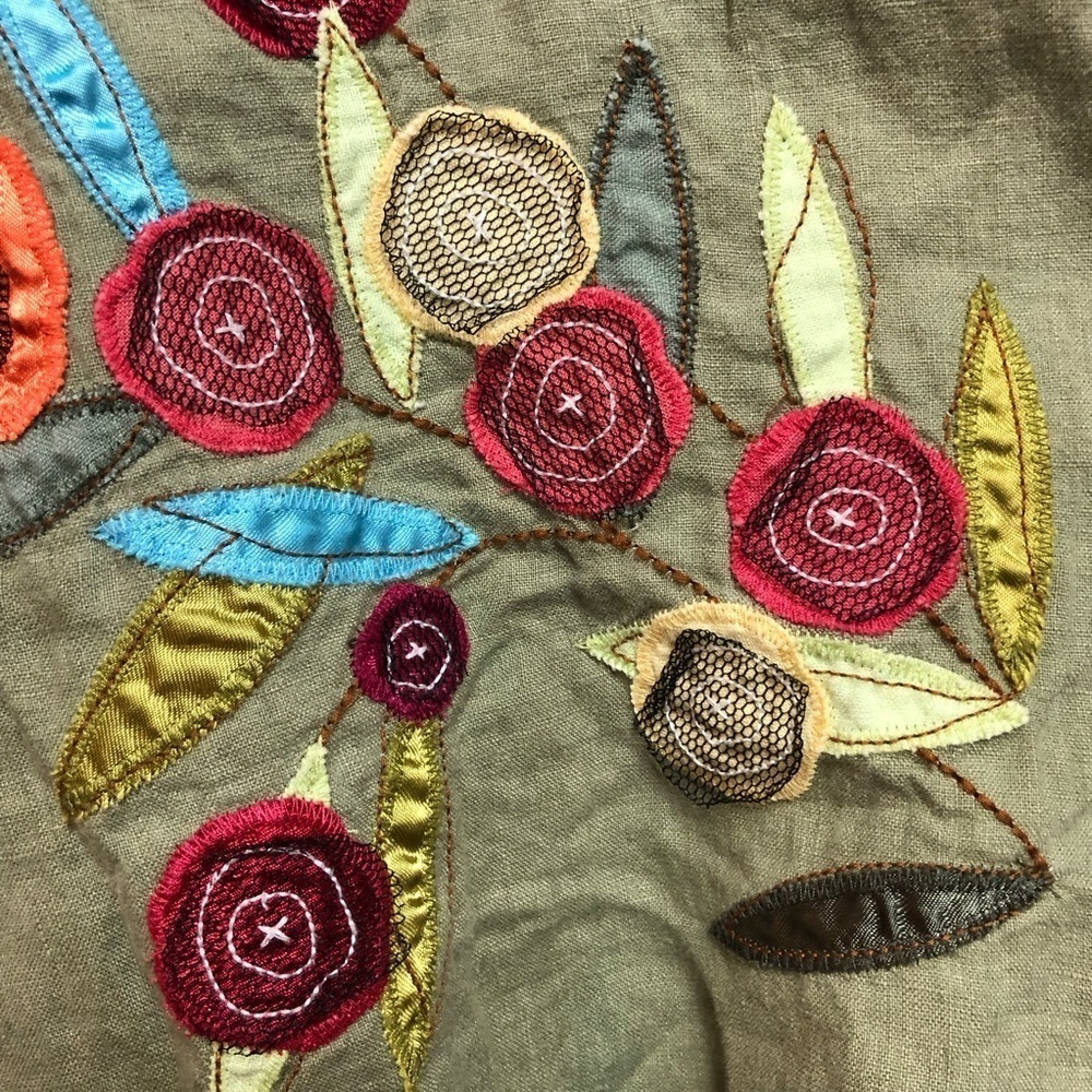 J Jill olive khaki flare skirt with buttons, side closure, embroidered satin - Picture 7 of 14